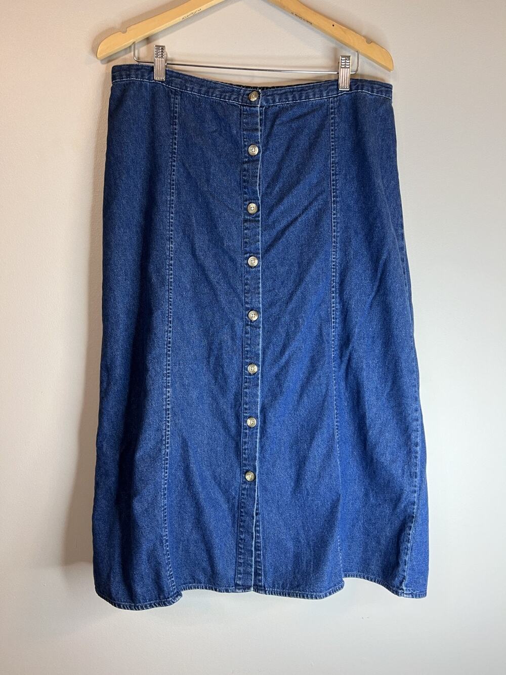 Vintage Mountain Lake Button Denim Maxi Skirt Size L Blue Country Ranch Modest
